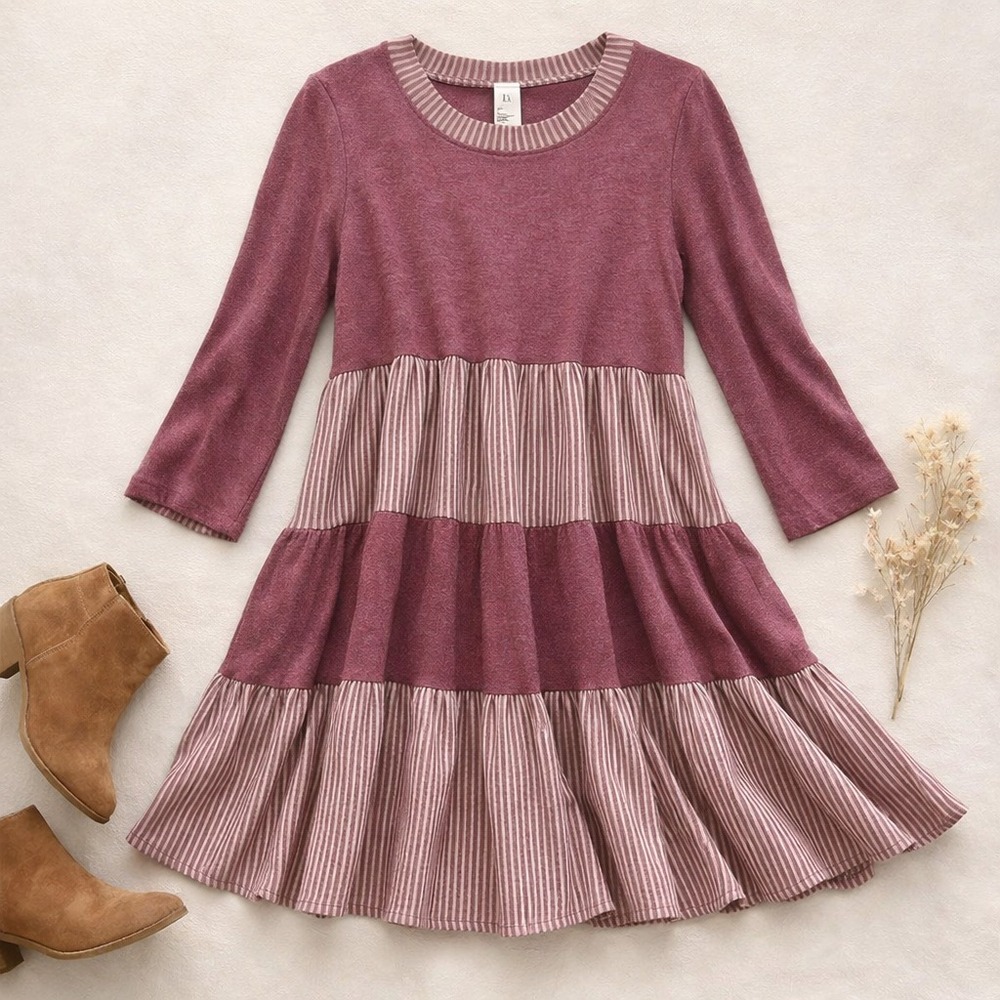 Emerald Tiered Babydoll Dress Mauve Striped Cottagecore Large